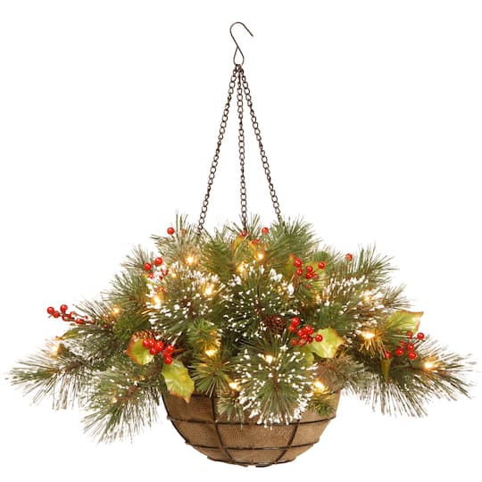 20&#x22; Pre-lit Artificial Christmas Wintry Pine Hanging Basket with 11 Cones and 35 Warm White Battery Operated LED Lights